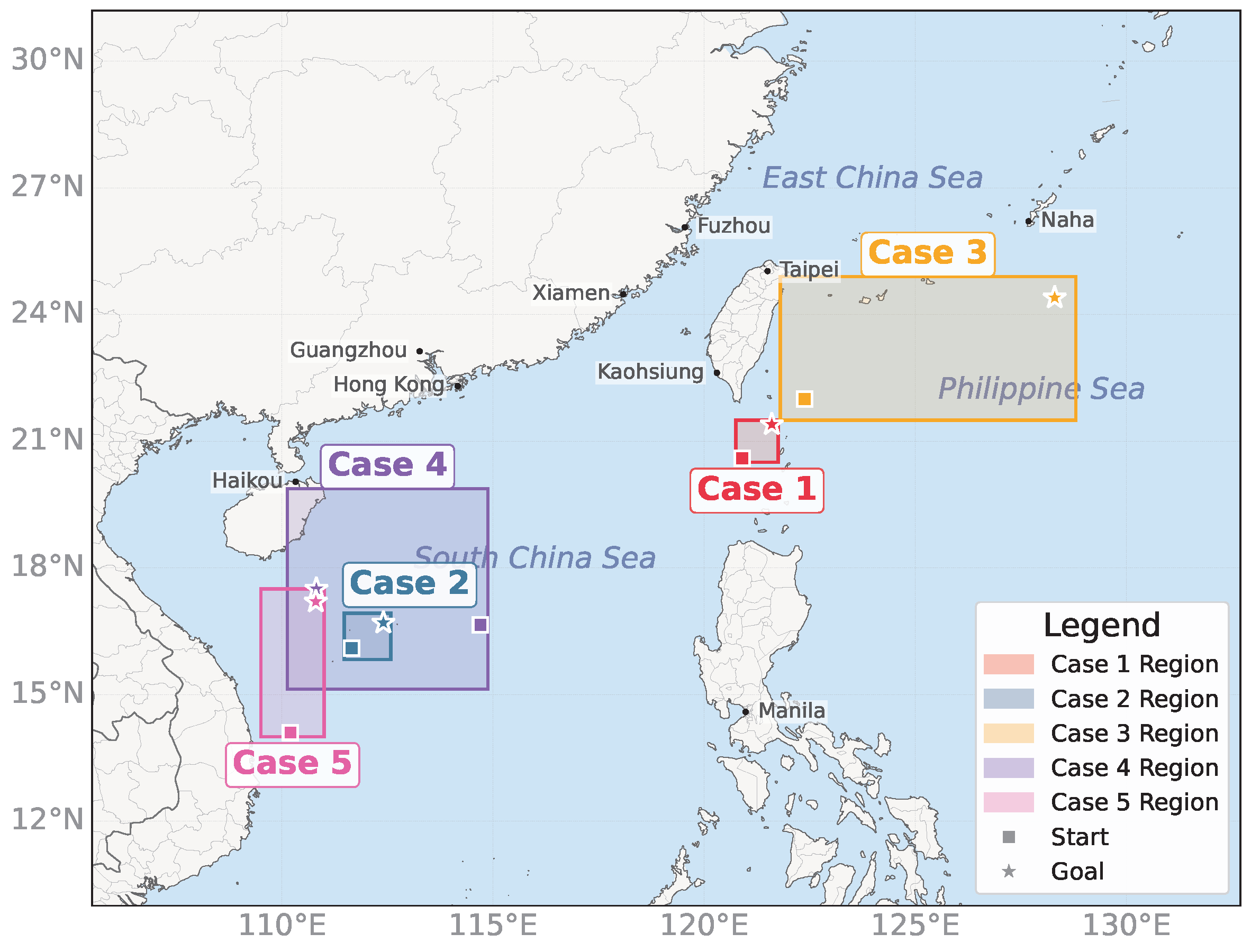 Geographical distribution of the five simulation cases